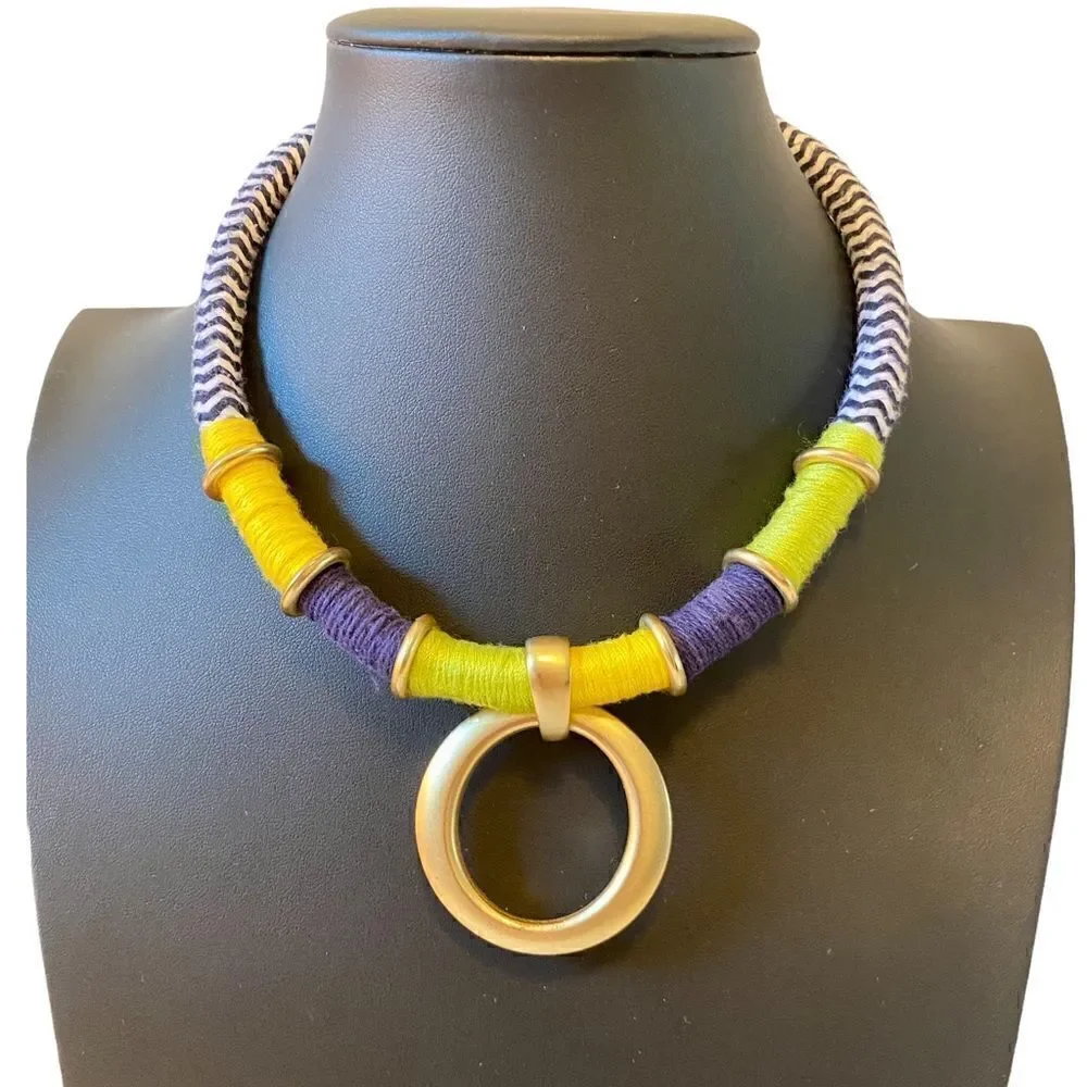 Multi Colored Thread Necklace w/ Matte Gold Toned circle Pendant.